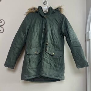 Boohoo Brave Soul Green Khaki Parka Jacket with Fur Trim Large (L)